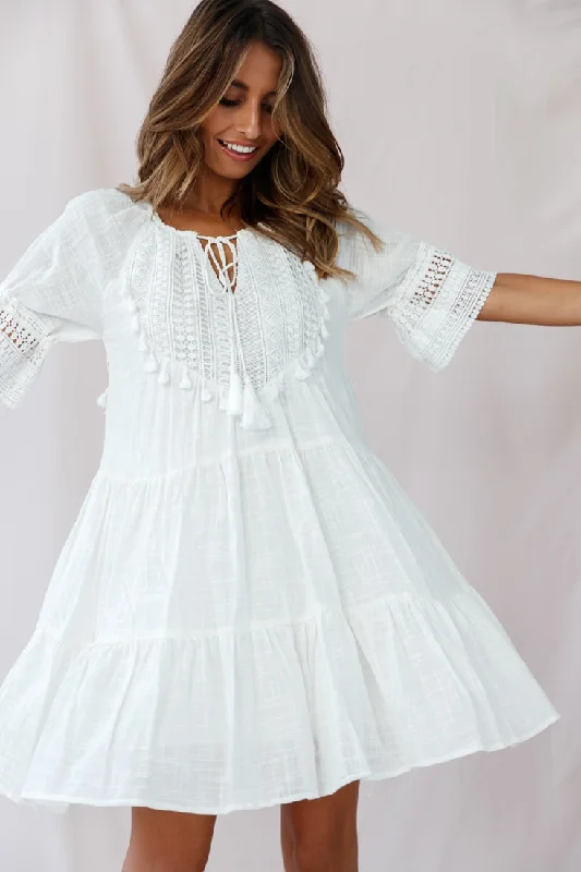 Jada Crochet and Tassel Kaftan Dress White