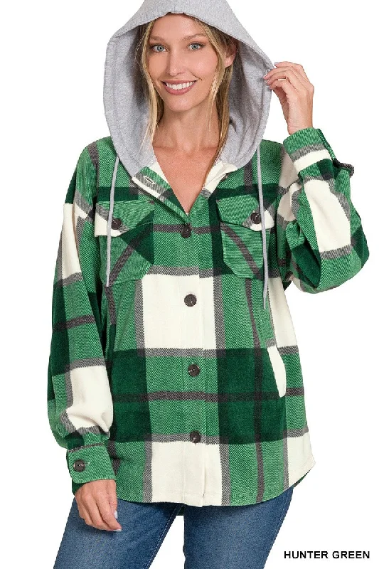 Plaid Drawstring Hooded Fleece Shacket (Hunter Green)