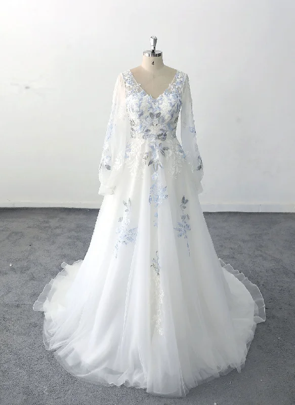 Unique Blue Floral Lace Wedding Dress with Bishop Sleeves ET3072