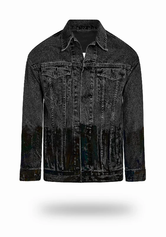 Longer Washed Black Denim Jacket with Midnight Oil Foil